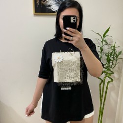 Taş Detaylı Oversize T-Shirt Good Vibes Only Taş Detaylı Oversize T-Shirt Good Vibes Only